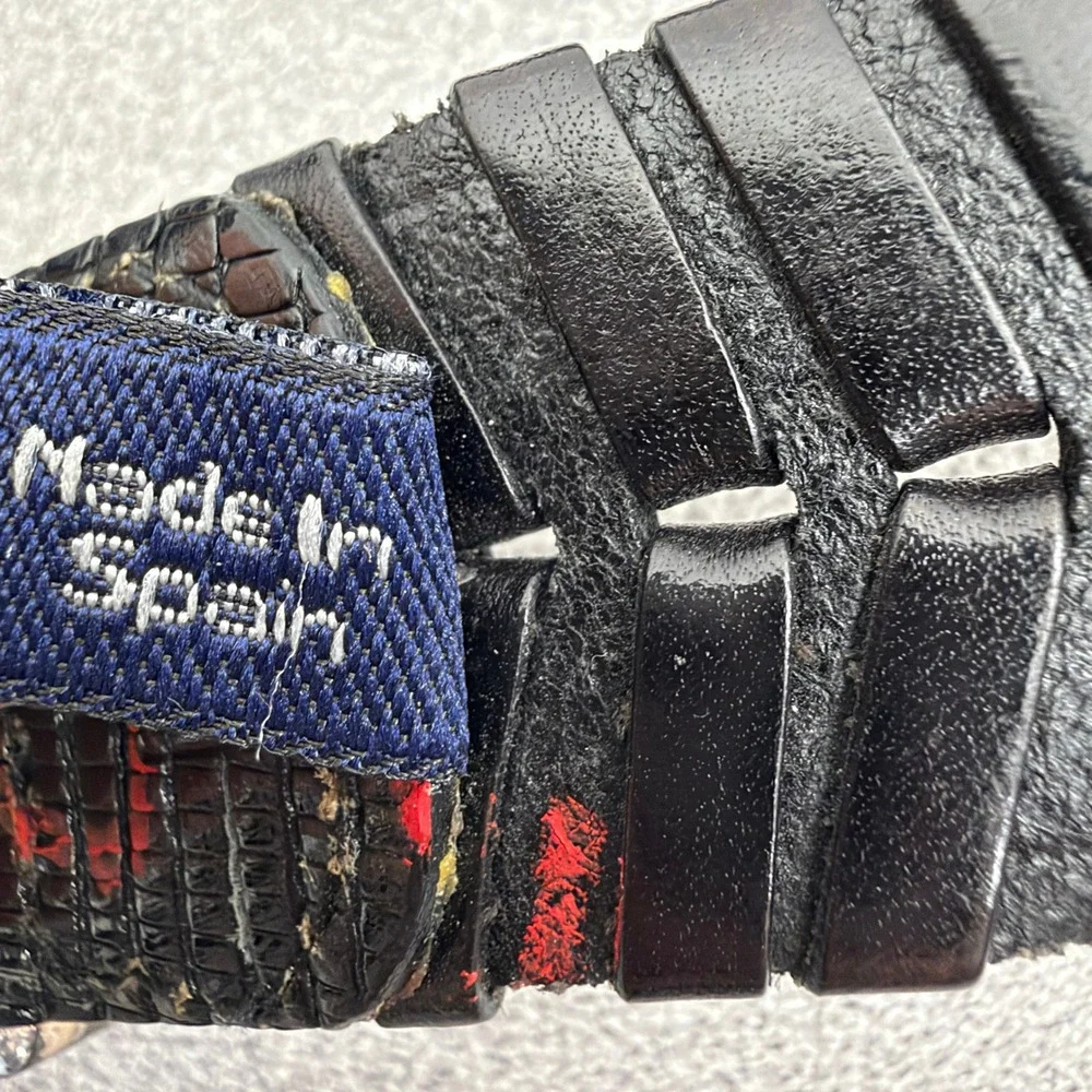 Calé Belt Mens OS Black Woven Leather Made in Spain Lizard Embossed Silver 1.25